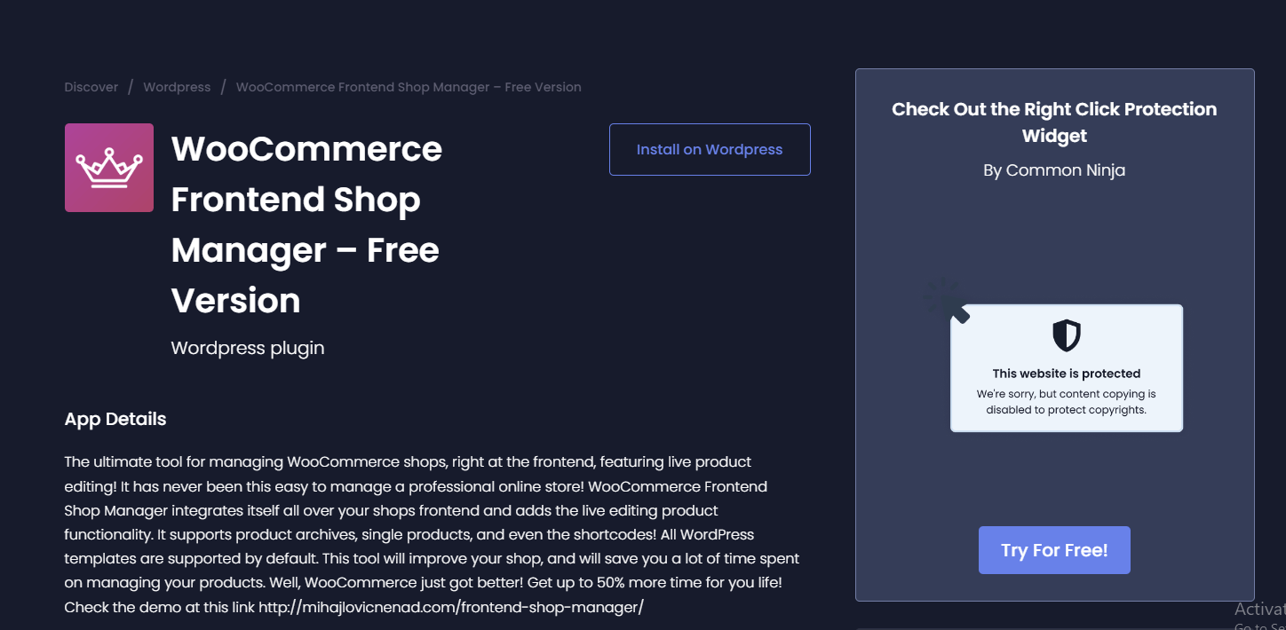 WooCommerce Frontend Shop Manager by Common Ninja plugin
